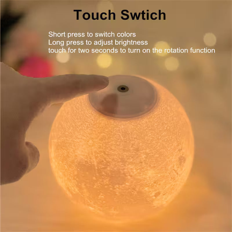 Hand pressing a touch switch on a glowing spherical light bulb with instructions displayed.