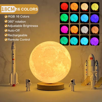 18cm moon lamp with 16 color options, 360 rotation, adjustable brightness, auto-off feature, rechargeable, and remote control.