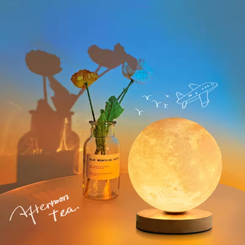 Moon lamp, vase with flowers, and airplane silhouette on a gradient background
