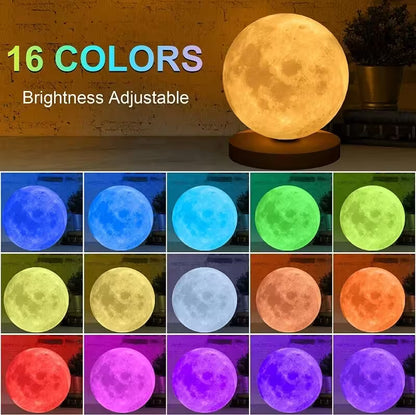 Moon-shaped lamp with 16 color options and brightness adjustment feature.