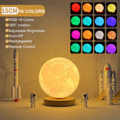 Moon lamp with RGB color options, adjustable brightness, and remote control, surrounded by toy rockets and astronauts.