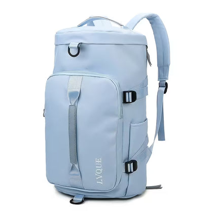 Light blue backpack with 'LYQUE' branding on a white background