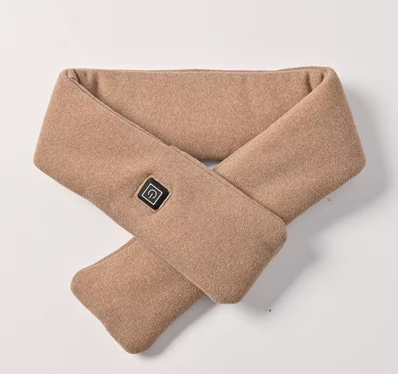 Beige neck warmer with a brand logo on a light gray background