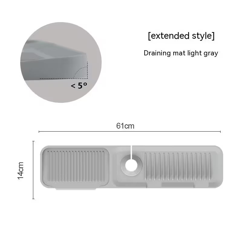 Light gray draining mat with dimensions and angle measurement on a white background