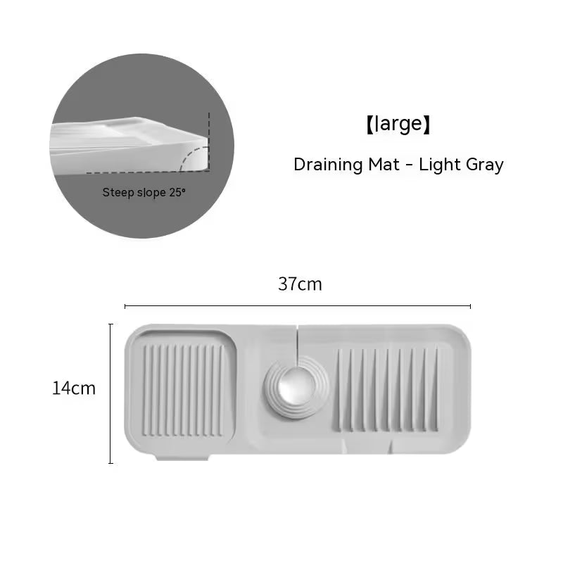Light gray draining mat with dimensions and slope angle on a white background