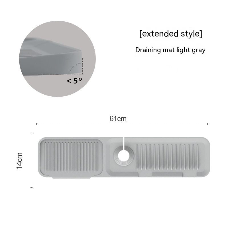 Light gray draining mat with measurements and angle indicator on a white background