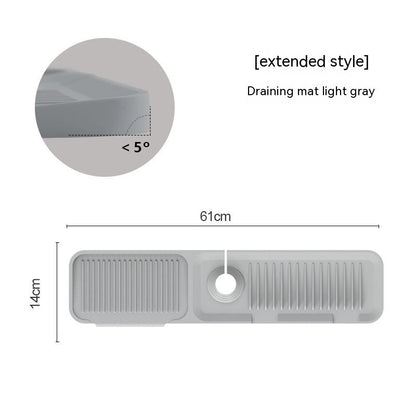 Light gray draining mat with measurements and angle indicator on a white background