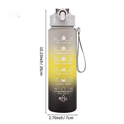 Gradient water bottle with motivational text and measurements on a white background