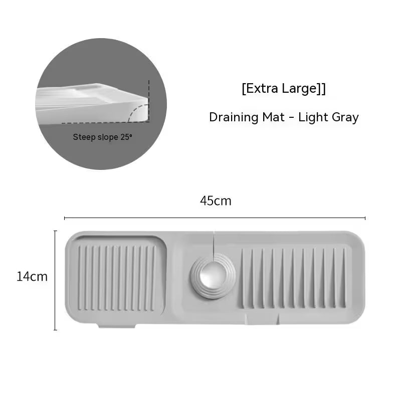 Light gray draining mat with dimensions and slope angle on a white background