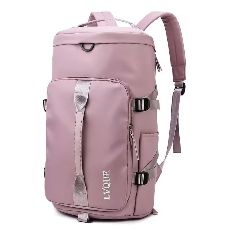 Pink backpack with 'LVQUE' branding on a white background