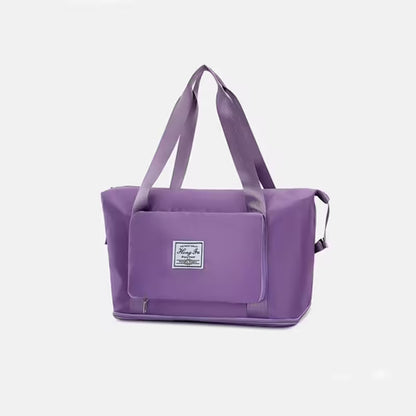 Purple bag with a visible brand logo on a light gray background