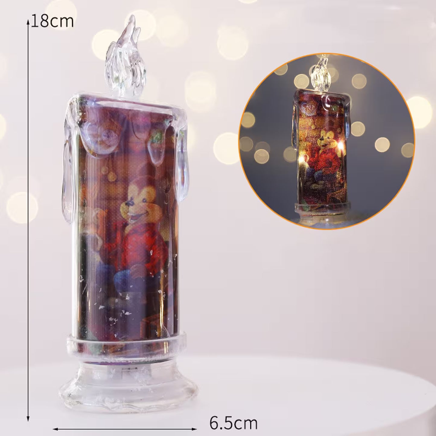Decorative glass item with a cartoon character inside, showing measurements and a close-up detail.
