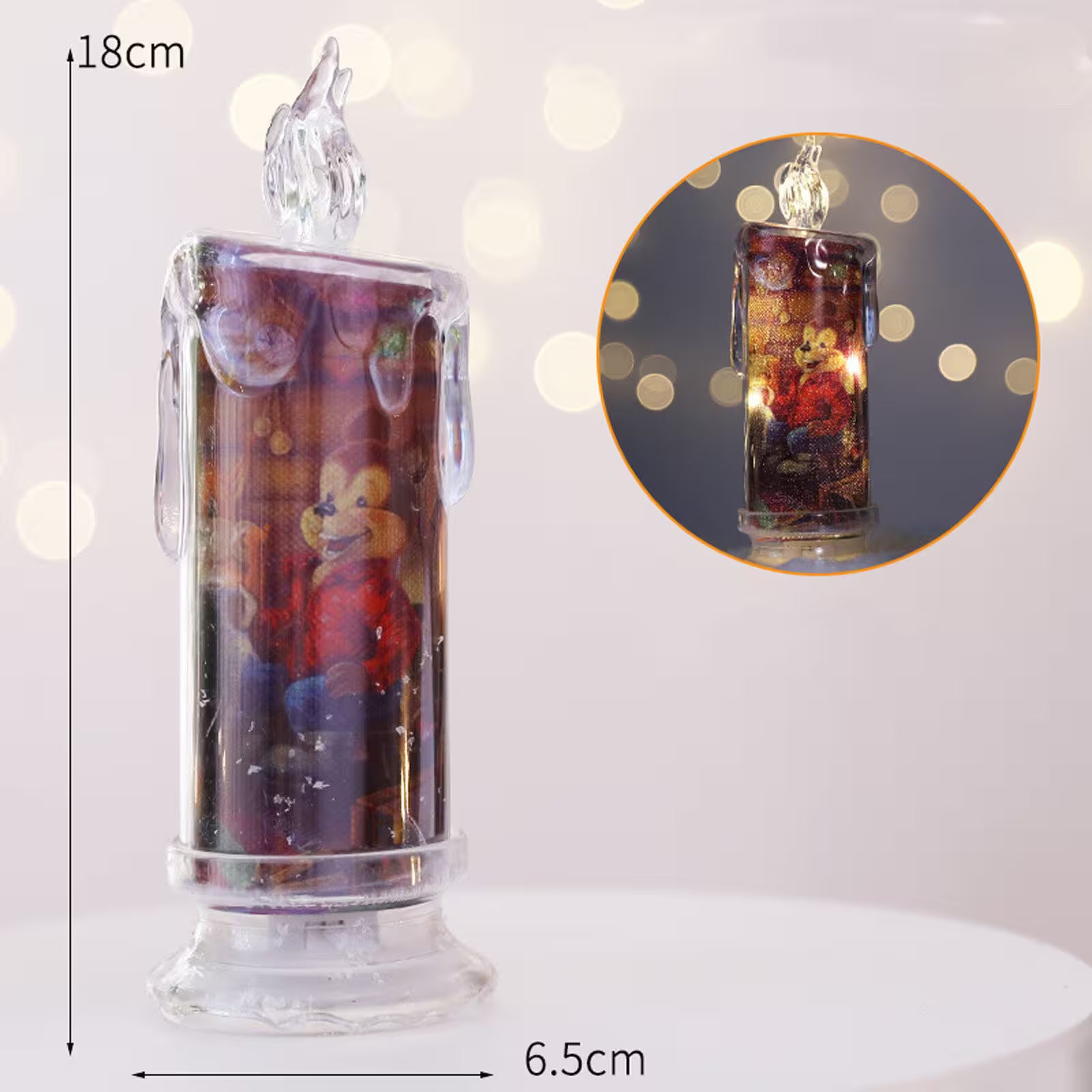 Decorative glass item with a cartoon character inside, showing measurements and a close-up detail.