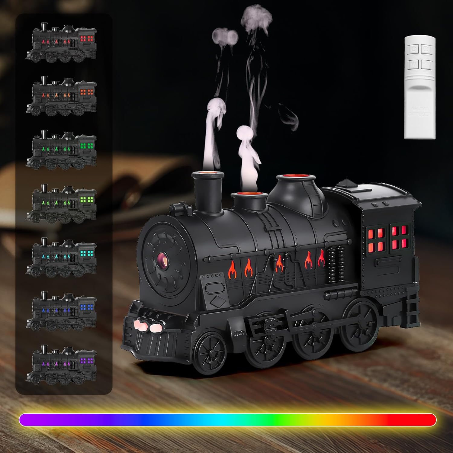 Toy train with colorful LED lights on a wooden surface