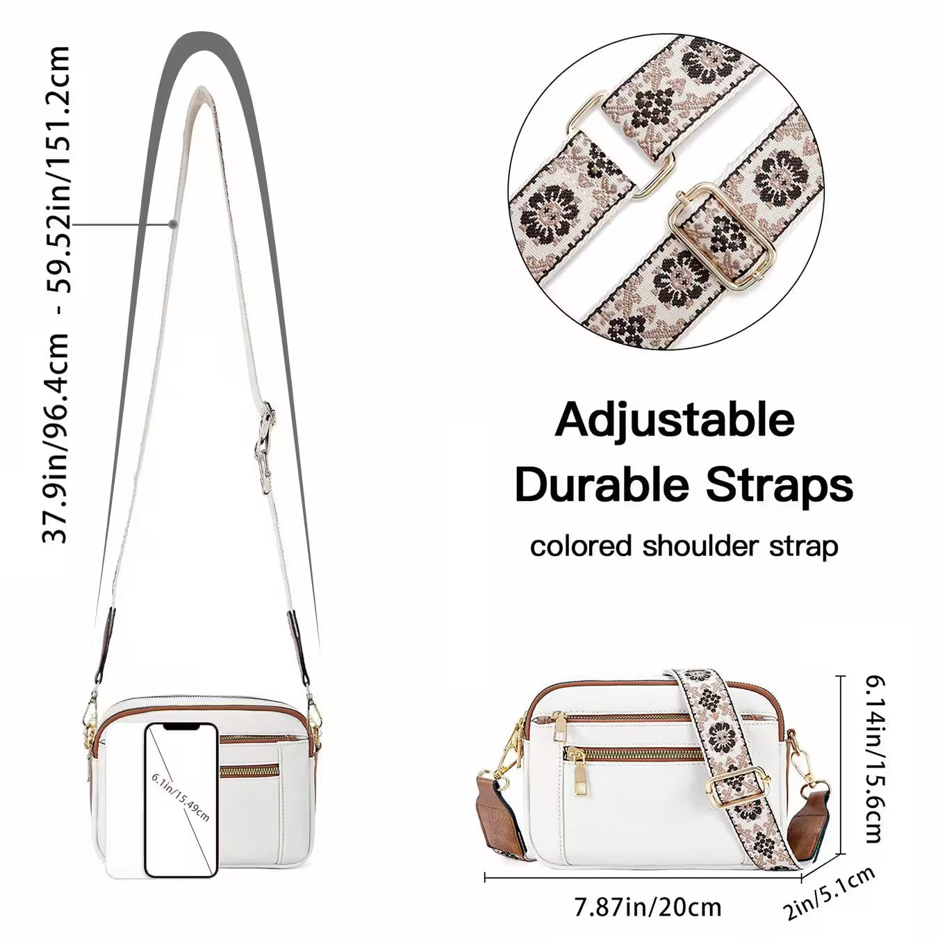 White handbag with adjustable floral strap and measurements on a white background