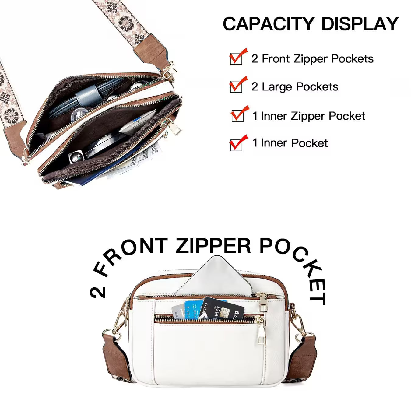 White handbag with brown accents showing its compartments and features on a white background.