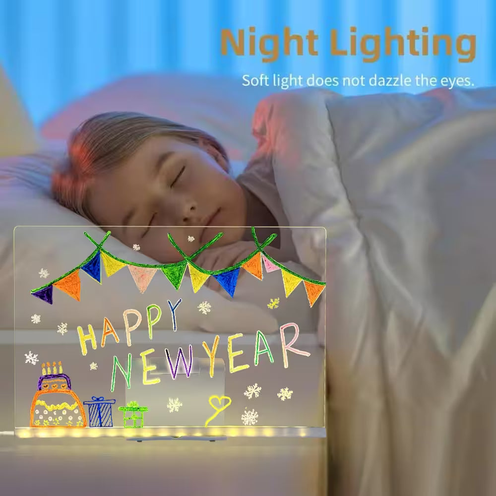 Child sleeping with a night light displaying 'Happy New Year' text and festive graphics.