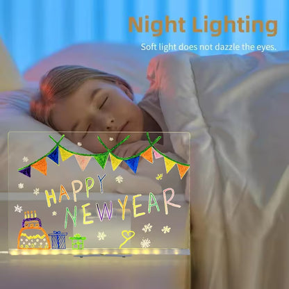 Child sleeping with a night light displaying 'Happy New Year' text and festive graphics.