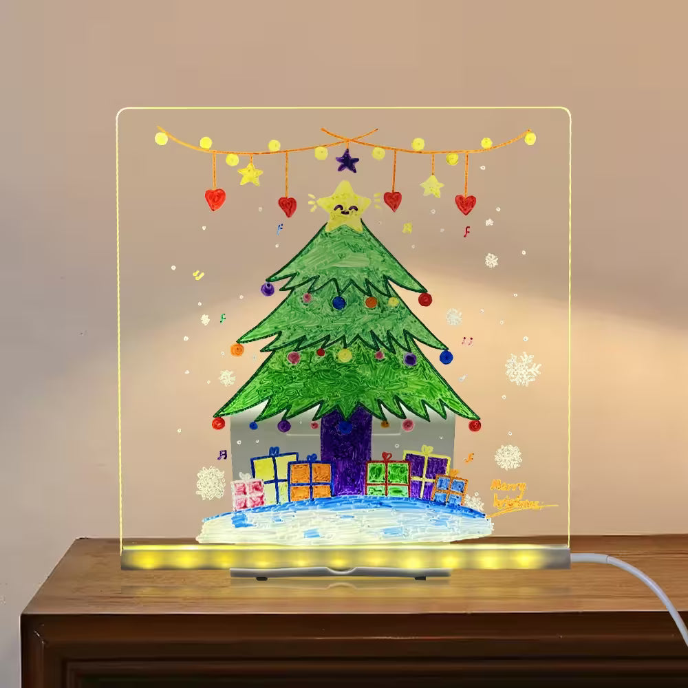 Decorative Christmas tree light on a wooden surface with a beige background