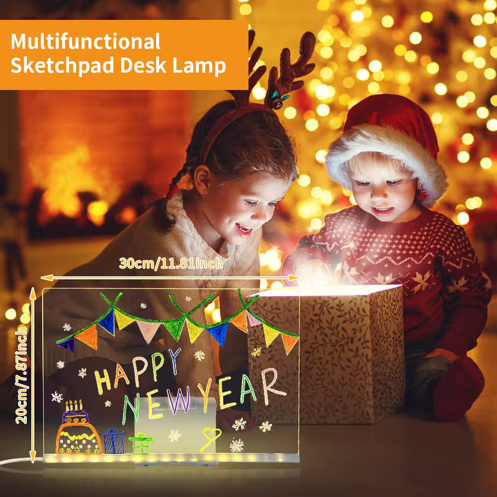 Multifunctional sketchpad desk lamp with children looking at it in a festive setting.