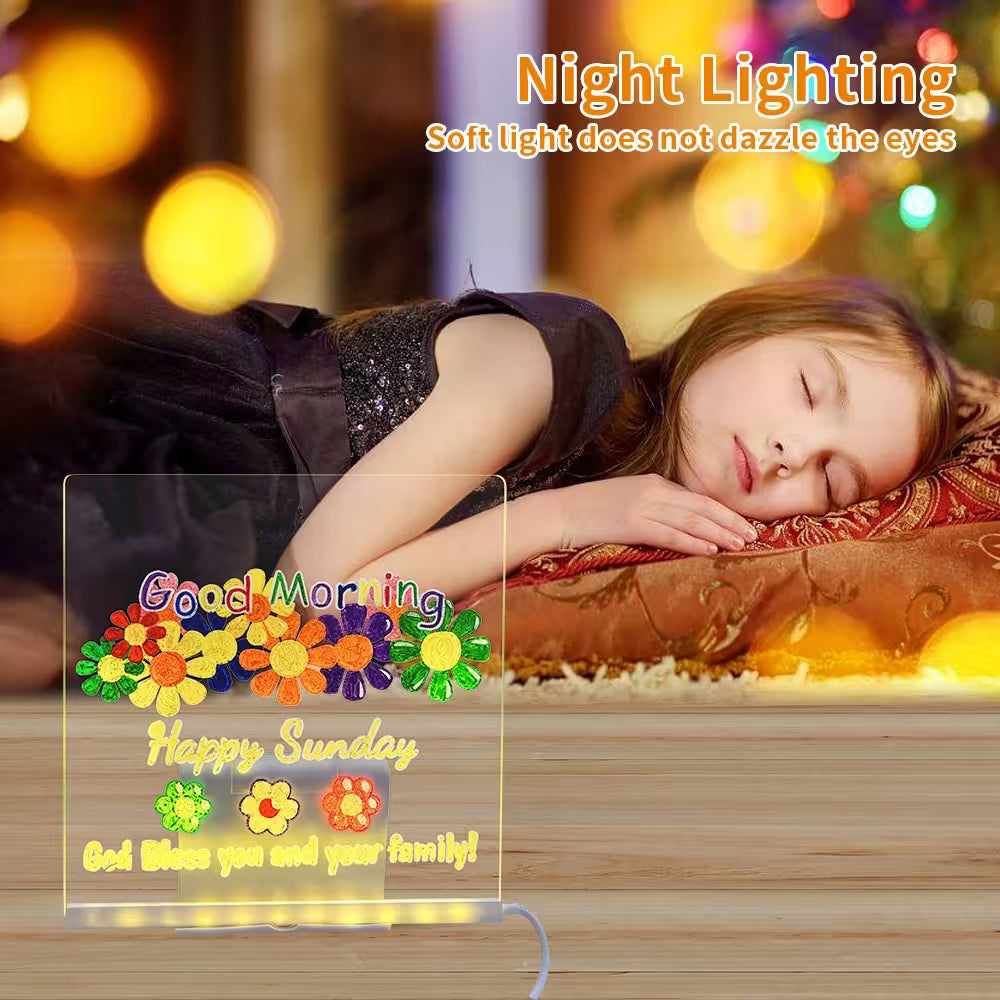 Child sleeping with a night light on, featuring colorful text and floral design.