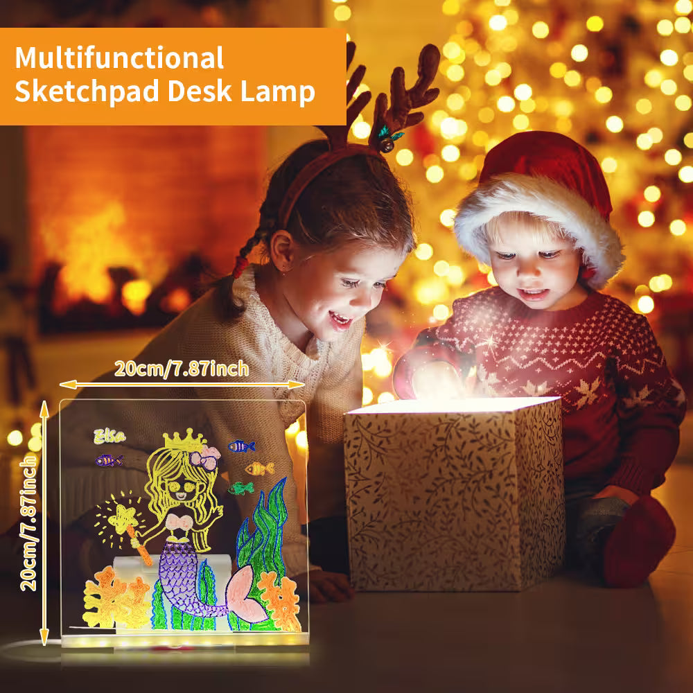 Children playing with a multifunctional sketchpad desk lamp in a festive setting.