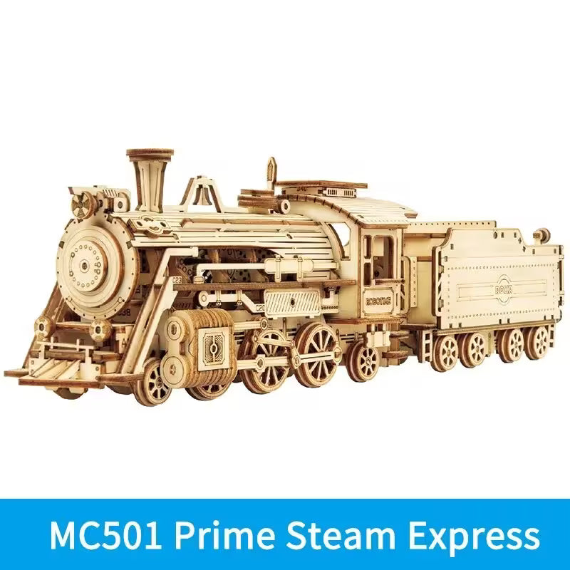 Wooden model of a steam train with 'MC501 Prime Steam Express' text on a white background