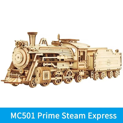 Wooden model of a steam train with 'MC501 Prime Steam Express' text on a white background