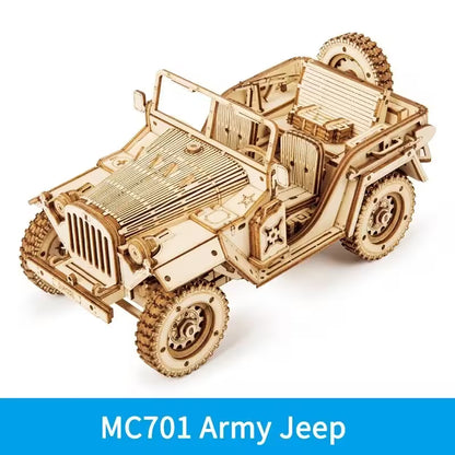 Wooden model of an army jeep with 'MC701 Army Jeep' text on a white background