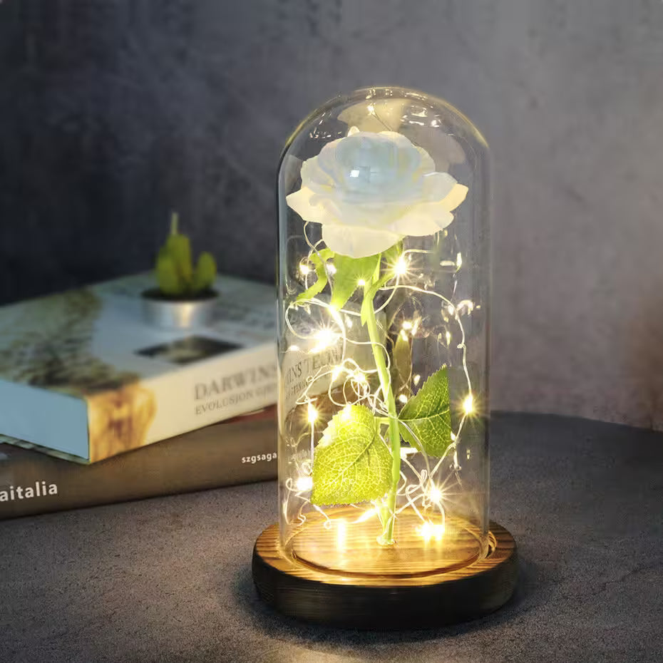 White rose in a glass dome with LED lights on a wooden base, placed on a surface with a book in the background.