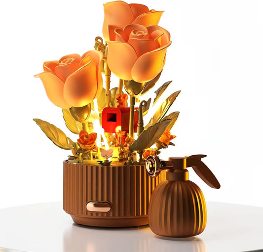 Decorative flower arrangement with a brown pot and spray bottle on a white background