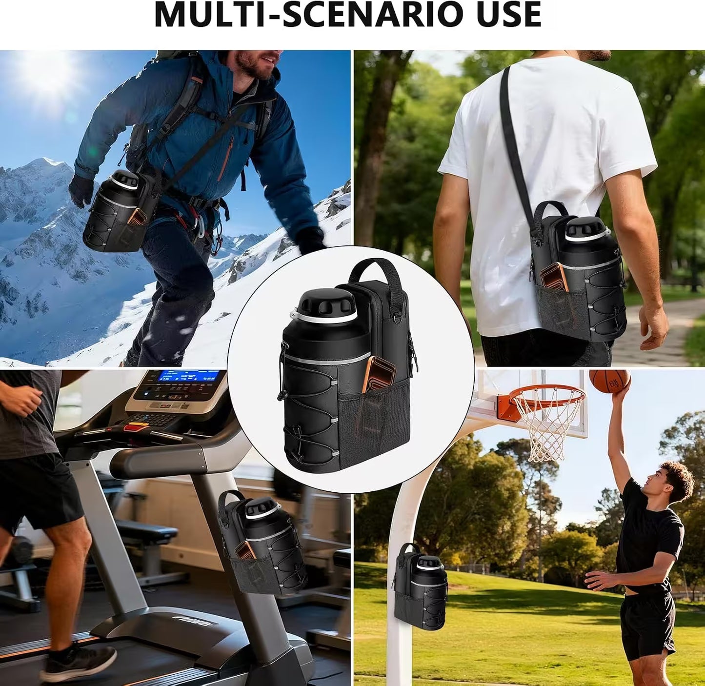 Magnetic Gym Bag Water Bottle Holder | Crossbody Bottle Carrier with 4 Magnets For Gym, Hiking & Sports