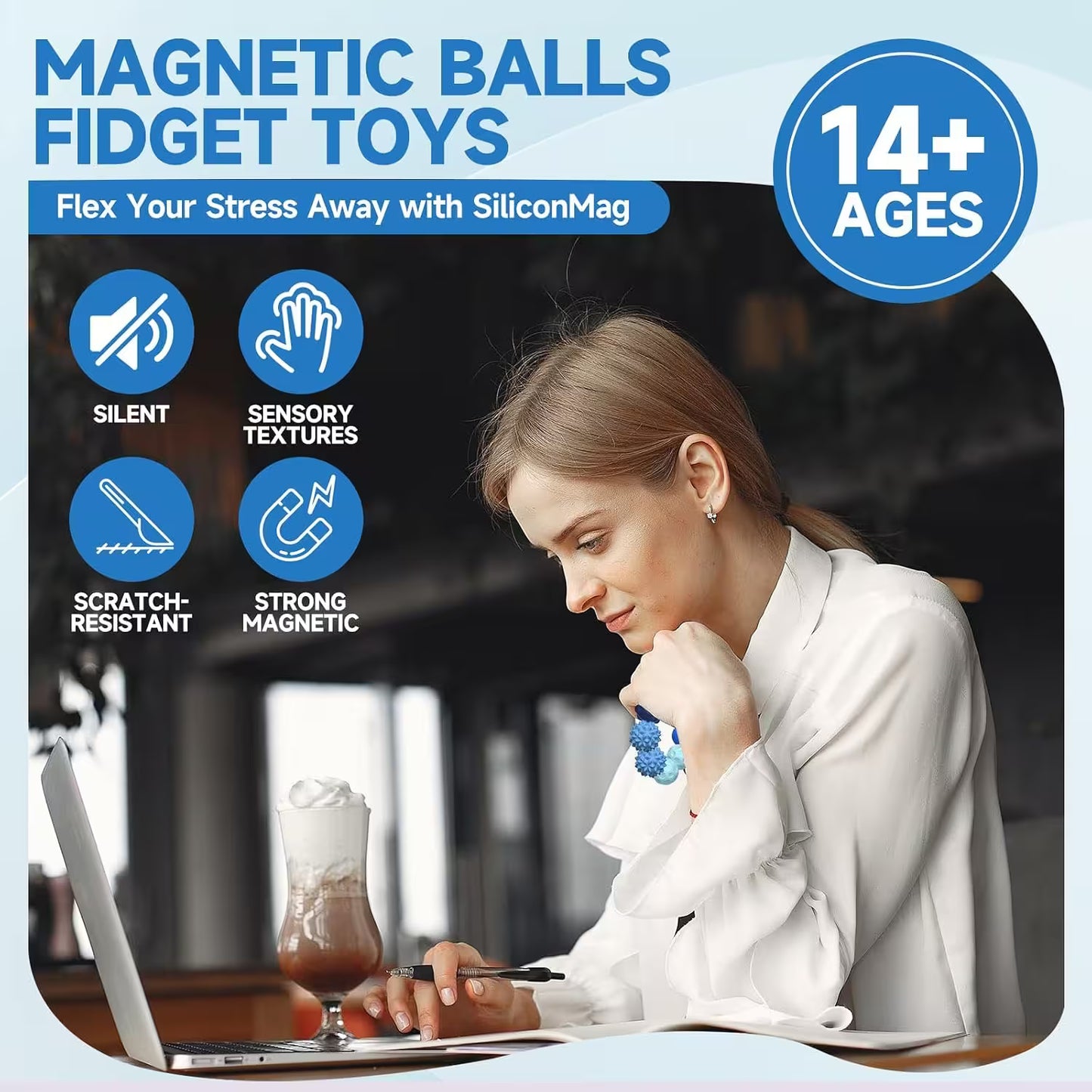 Magnetic Silicone Fidget Balls for Adults | 4 Sensory Textures | Silent Stress Relief Toy | 4 or 8 Ball Set with EVA Case