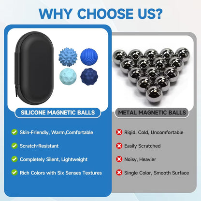 Magnetic Silicone Fidget Balls for Adults | 4 Sensory Textures | Silent Stress Relief Toy | 4 or 8 Ball Set with EVA Case