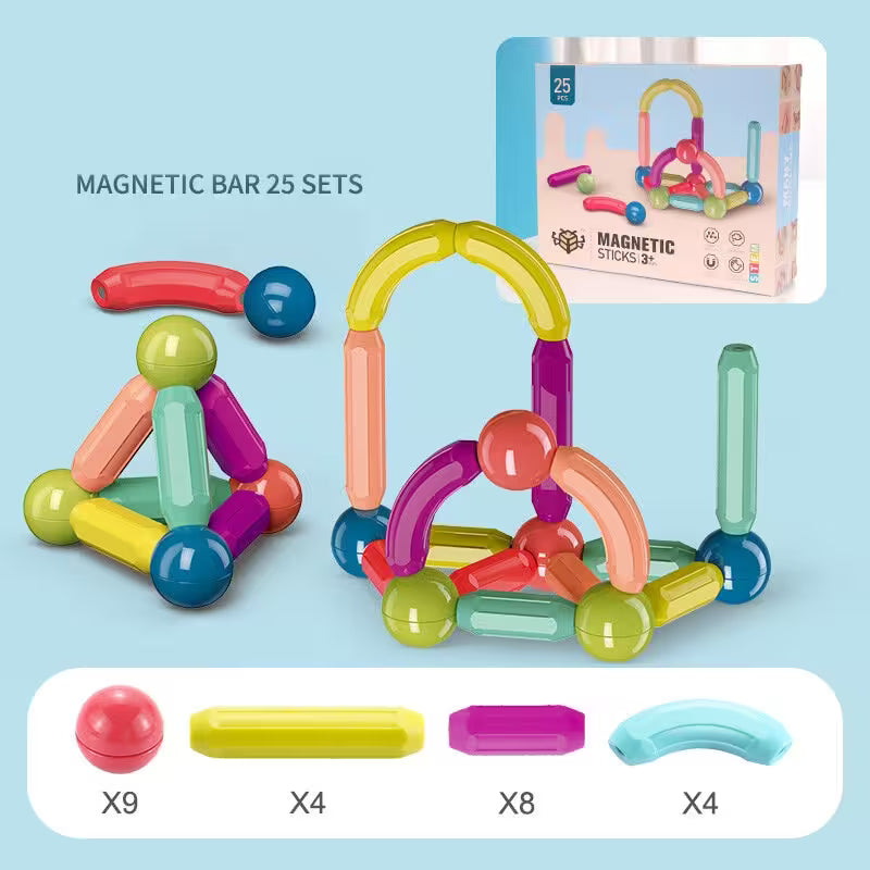 Colorful magnetic building toy set with packaging and component illustration on a light blue background