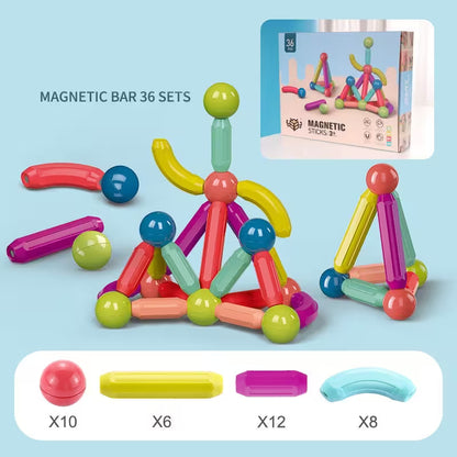Colorful magnetic building sticks toy set on a light blue background with packaging and component details.