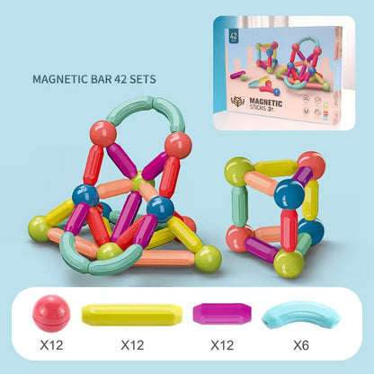 Colorful magnetic bar sets with packaging and component details on a light blue background