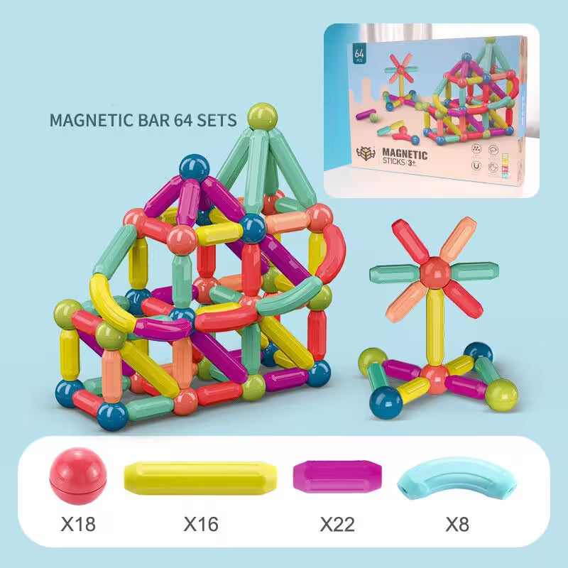 Colorful magnetic building toy set with packaging and component details on a light blue background