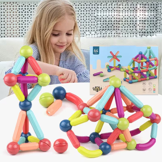 Colorful building blocks set with a child playing with them, inset showing a diagram of a structure.
