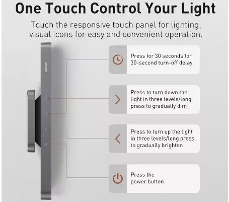 Responsive touch panel for controlling light with icons and text instructions on a white background.