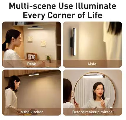 Light fixture used in various settings including a desk, aisle, kitchen, and before makeup mirror.