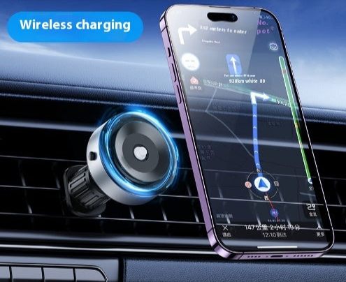 Phone mounted on a car vent with wireless charging feature highlighted