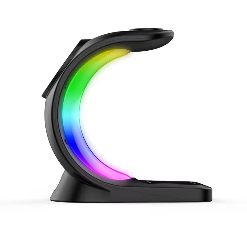 Black LED ring light with colorful gradient on a white background