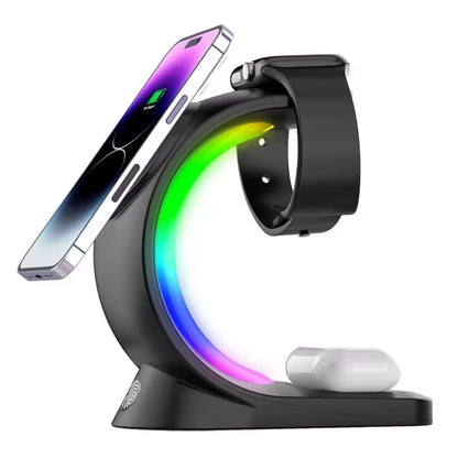 Multi-device wireless charging stand with smartphone, smartwatch, and earbuds on a white background