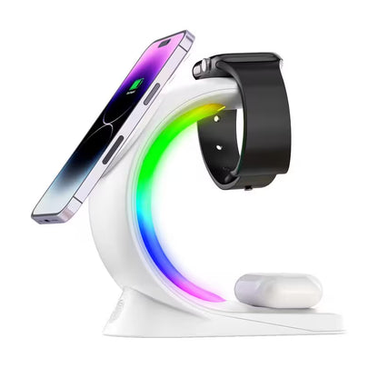 Wireless charging stand with smartphone, smartwatch, and mouse on a white background