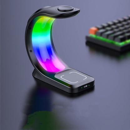 Colorful LED strip light on a stand with a keyboard in the background