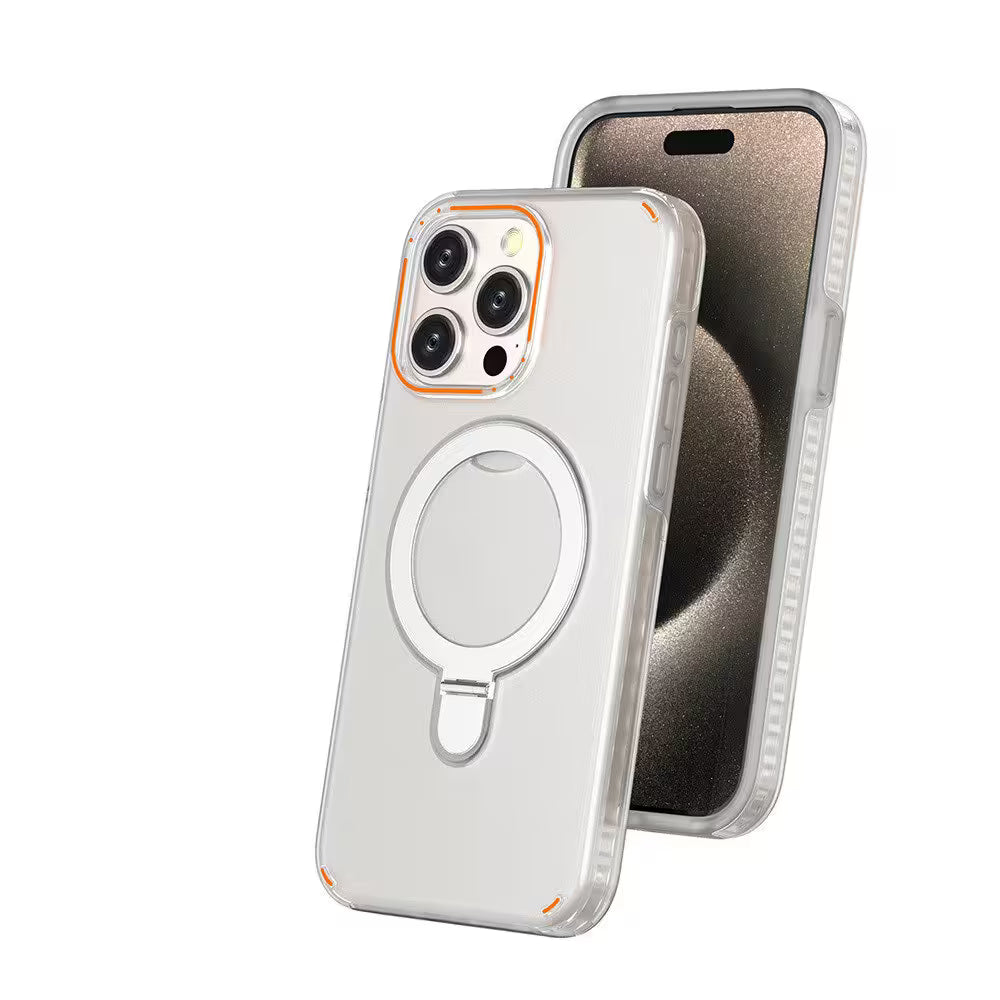 Clear phone case with magnetic ring holder on a white background