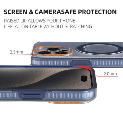 Phone case with raised lip design for screen and camera safety on a white background