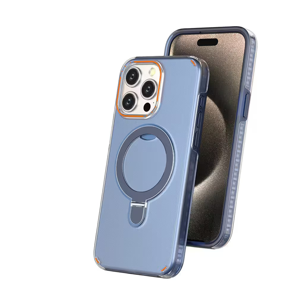Blue phone case with a magnetic ring holder on a white background