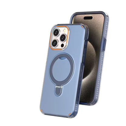 Blue phone case with a magnetic ring holder on a white background